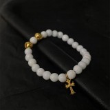 CHROME HEARTS White 6MM Bead Bracelet with 2 Gold Beads & Cross Charm