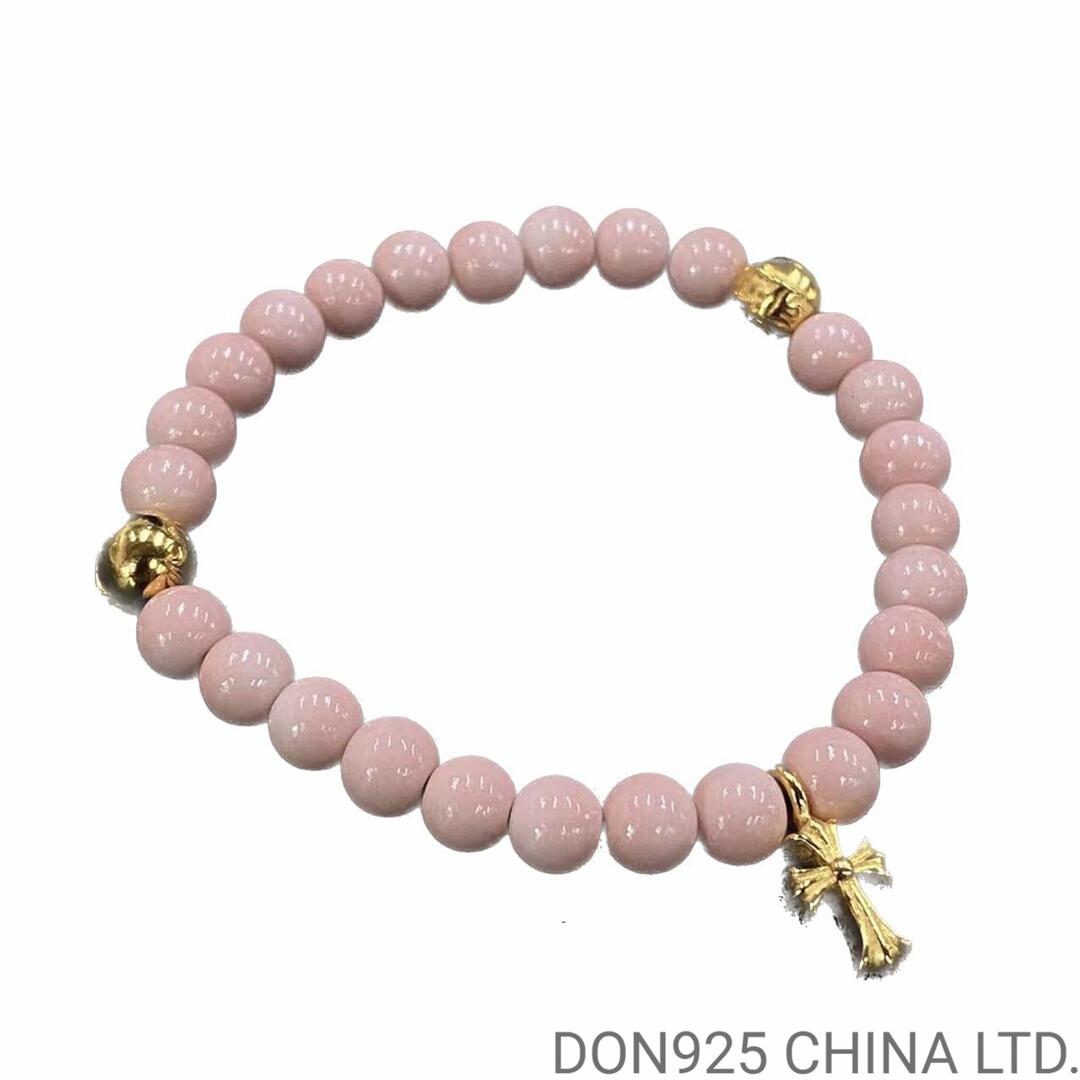 CHROME HEARTS Pink 6MM Bead Bracelet with 2 Gold Beads & Cross Charm