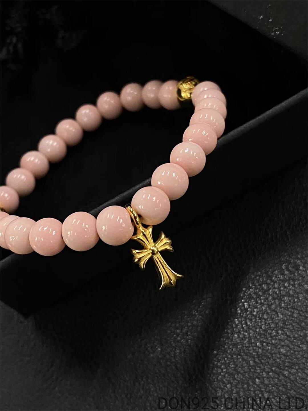 CHROME HEARTS Pink 6MM Bead Bracelet with 2 Gold Beads & Cross Charm