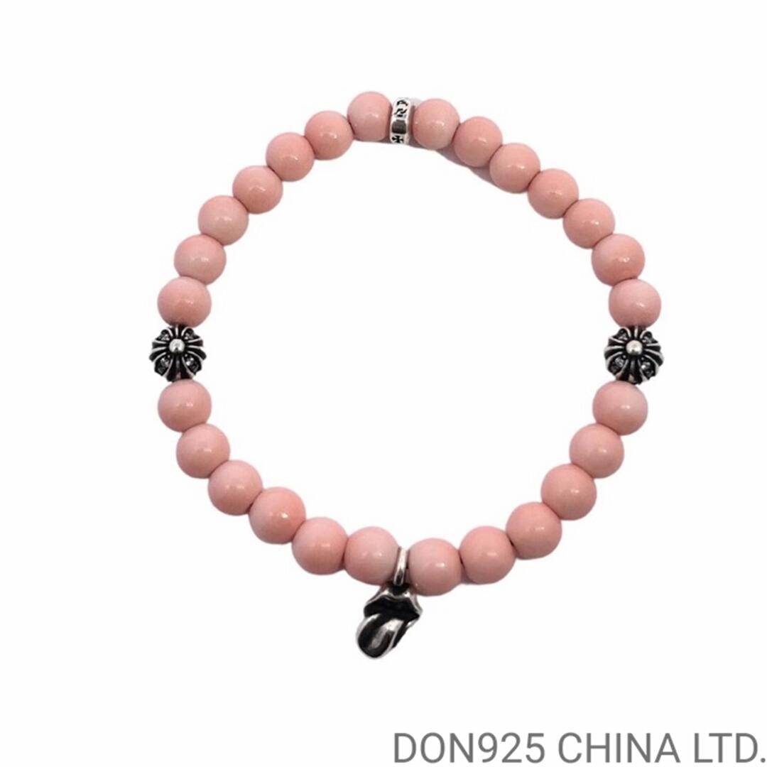 CHROME HEARTS Pink 6MM Bead Bracelet with 3 Silver Beads & Tongue Charm