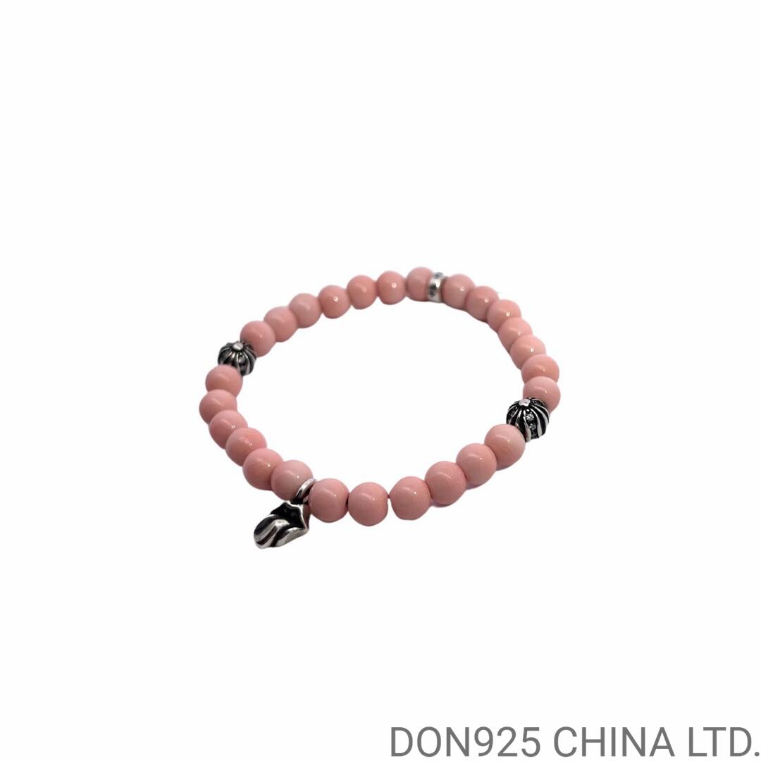 CHROME HEARTS Pink 6MM Bead Bracelet with 3 Silver Beads & Tongue Charm