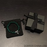 CHROME HEARTS Green 8MM Bead Bracelet with 2 Silver Beads & Cross Charm