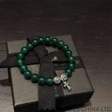 CHROME HEARTS Green 8MM Bead Bracelet with 2 Silver Beads & Cross Charm