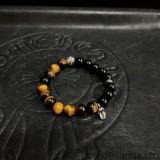 CHROME HEARTS Black & Brown 8MM Bead Bracelet with 2 Silver Beads & Tongue Charm