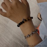 CHROME HEARTS Black & Brown 8MM Bead Bracelet with 2 Silver Beads & Tongue Charm