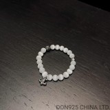 CHROME HEARTS Cat-Eye White 8MM Bead Bracelet with 2 Silver Beads & BS Fleur Charm