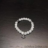 CHROME HEARTS Cat-Eye White 8MM Bead Bracelet with 2 Silver Beads & BS Fleur Charm