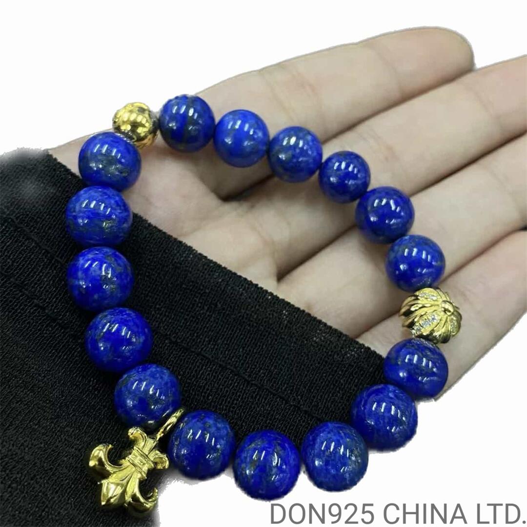 CHROME HEARTS Lapis 6MM Bead Bracelet with 2 Gold Beads & BS Fleur Charm