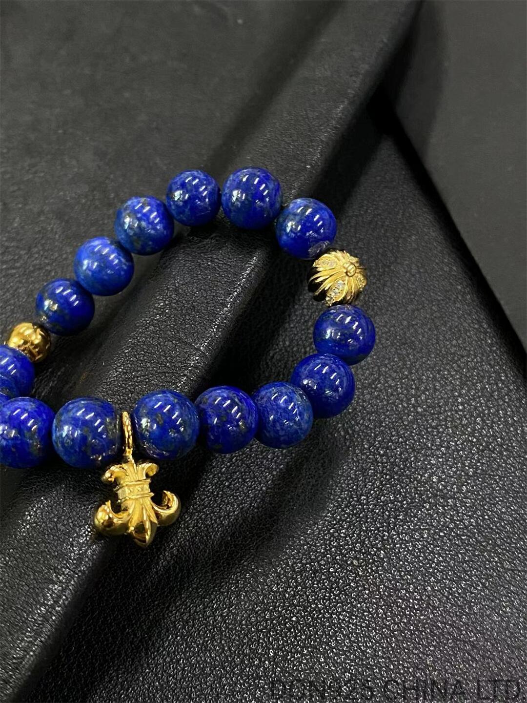 CHROME HEARTS Lapis 6MM Bead Bracelet with 2 Gold Beads & BS Fleur Charm