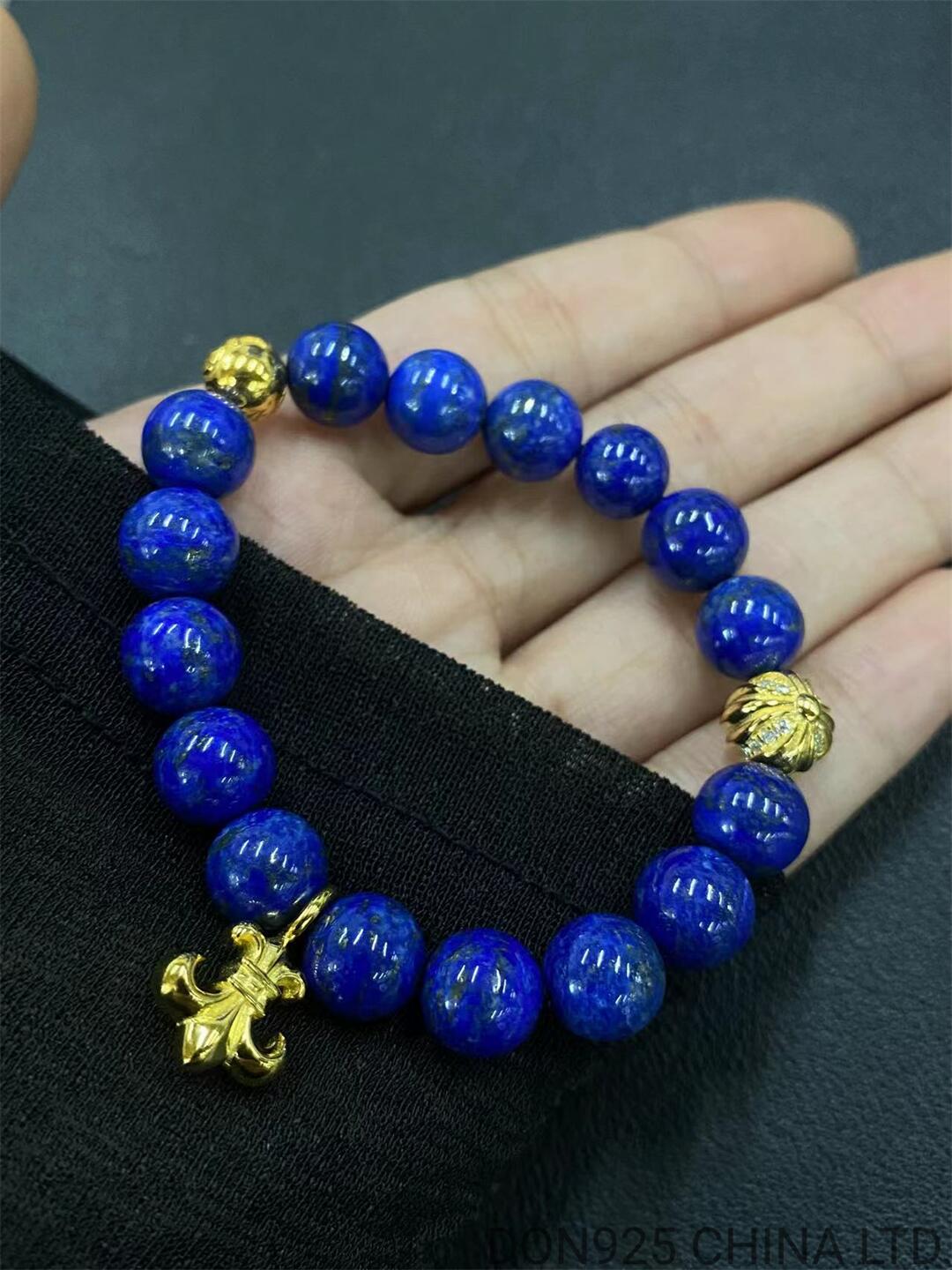 CHROME HEARTS Lapis 6MM Bead Bracelet with 2 Gold Beads & BS Fleur Charm