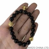 CHROME HEARTS Black 8MM Bead Bracelet with 2 Gold & Diamonds Beads & BS Fleur Charm