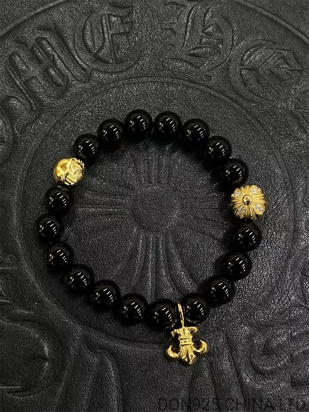 CHROME HEARTS Black 8MM Bead Bracelet with 2 Gold & Diamonds Beads & BS Fleur Charm