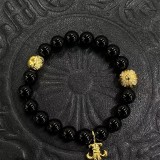 CHROME HEARTS Black 8MM Bead Bracelet with 2 Gold & Diamonds Beads & BS Fleur Charm