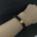 CHROME HEARTS Black 8MM Bead Bracelet with 2 Gold & Diamonds Beads & BS Fleur Charm