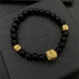 CHROME HEARTS Black 6MM Bead Bracelet with 3 Gold & Diamonds Beads