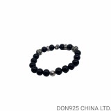 CHROME HEARTS Black 8MM Bead Bracelet with 5 Silver Beads & Cross Charm