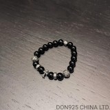 CHROME HEARTS Black 8MM Bead Bracelet with 5 Silver Beads & Cross Charm