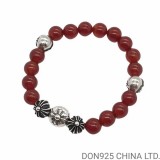 CHROME HEARTS Red 8MM Bead Bracelet with 5 Silver Beads