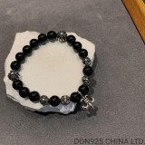 CHROME HEARTS Black 8MM Bead Bracelet with 6 Silver Beads & BS Fleur Charm