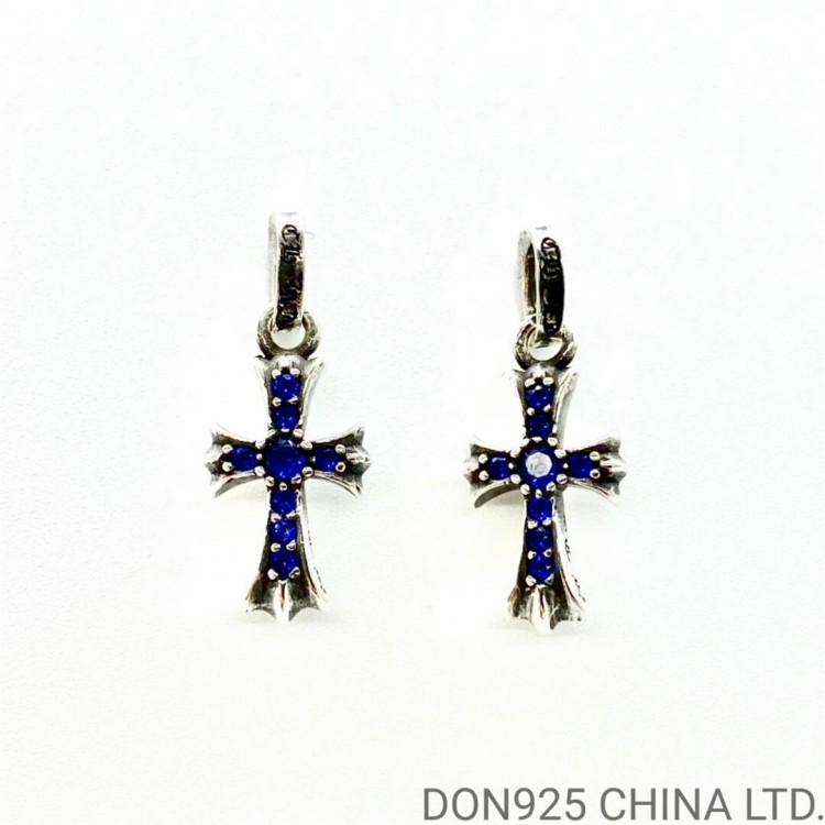 Chrome Hearts Cross Babyfat Earrings in 925s Silver with Sapphire (1 Pair)
