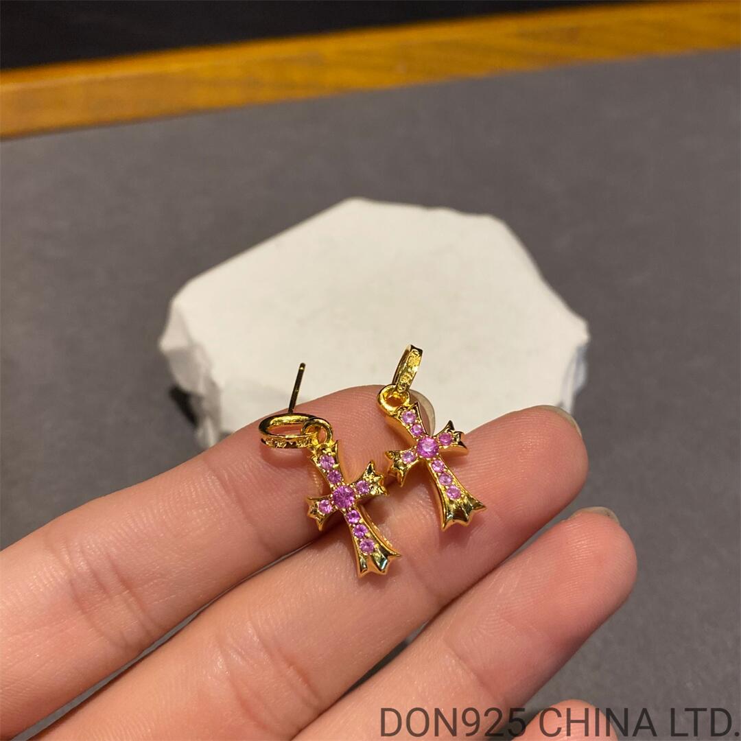 22K Gold CHROME HEARTS Cross Babyfat Earrings with Pink Diamonds