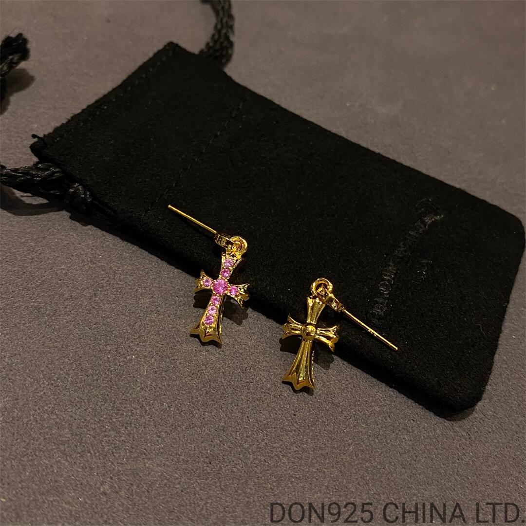 22K Gold CHROME HEARTS Cross Babyfat Earrings with Pink Diamonds 