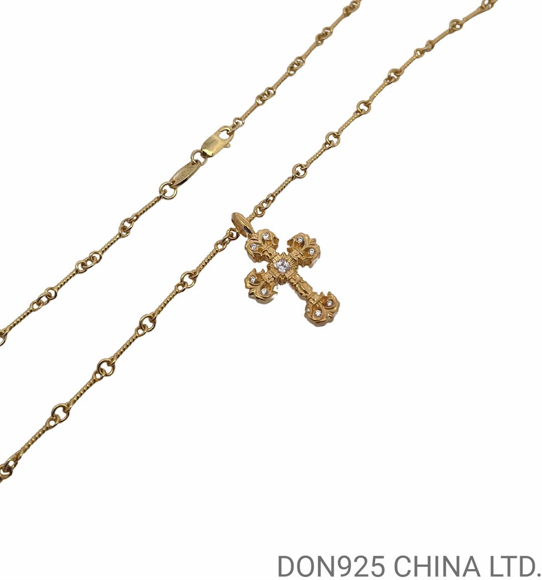 22K Gold CHROME HEARTS Filigree Cross Necklace (Mini Size with Twist Chain and Diamonds 55CM)