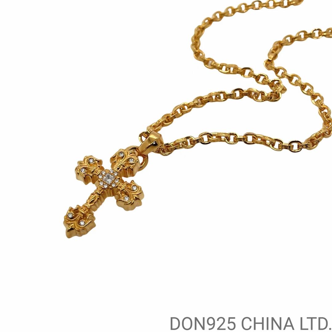 22K Gold CHROME HEARTS Filigree Cross Necklace (Small Size with Paper Chain and Diamonds 65CM)