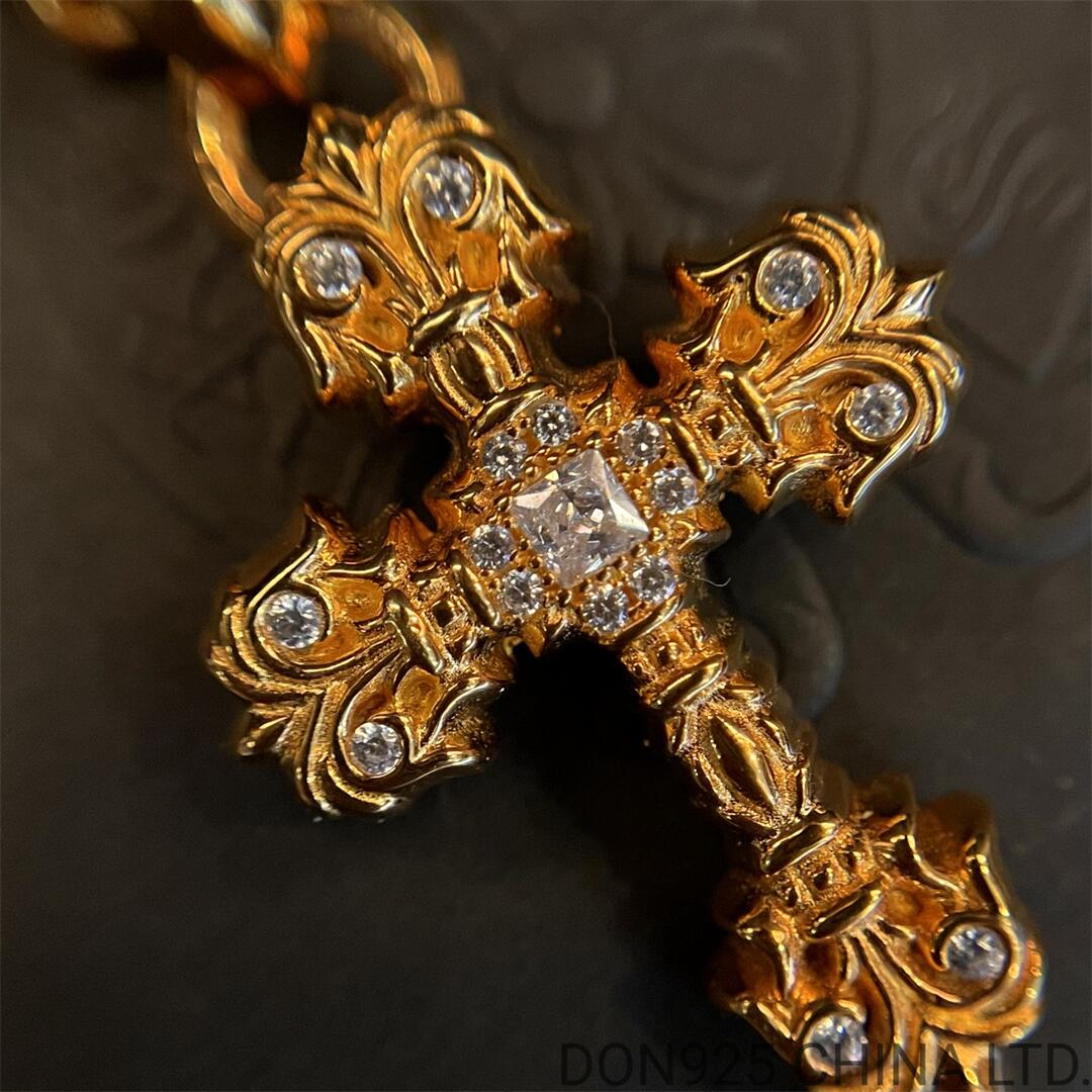 22K Gold CHROME HEARTS Filigree Cross Necklace (Small Size with Paper Chain and Diamonds 65CM)