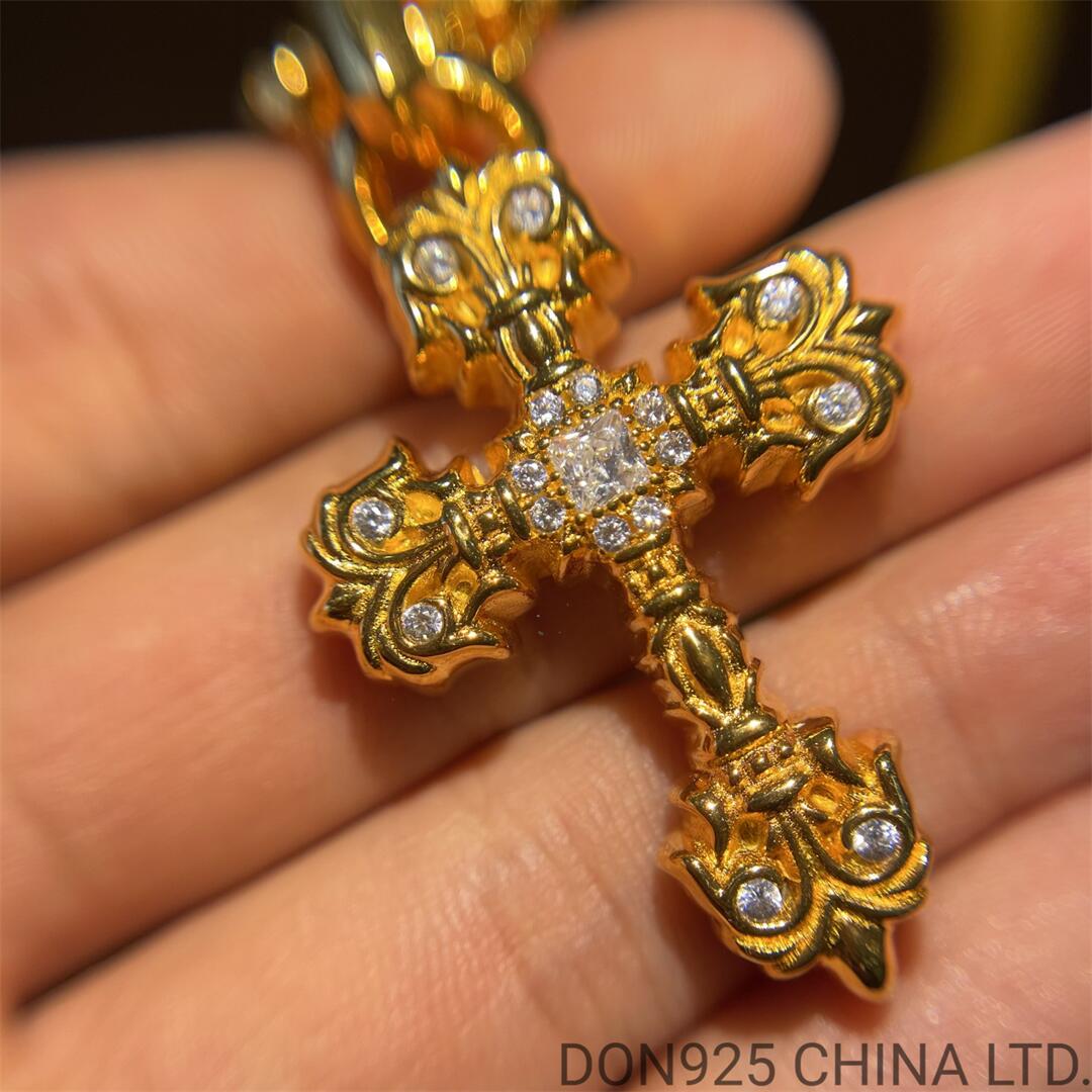 22K Gold CHROME HEARTS Filigree Cross Necklace (Small Size with Paper Chain and Diamonds 65CM)