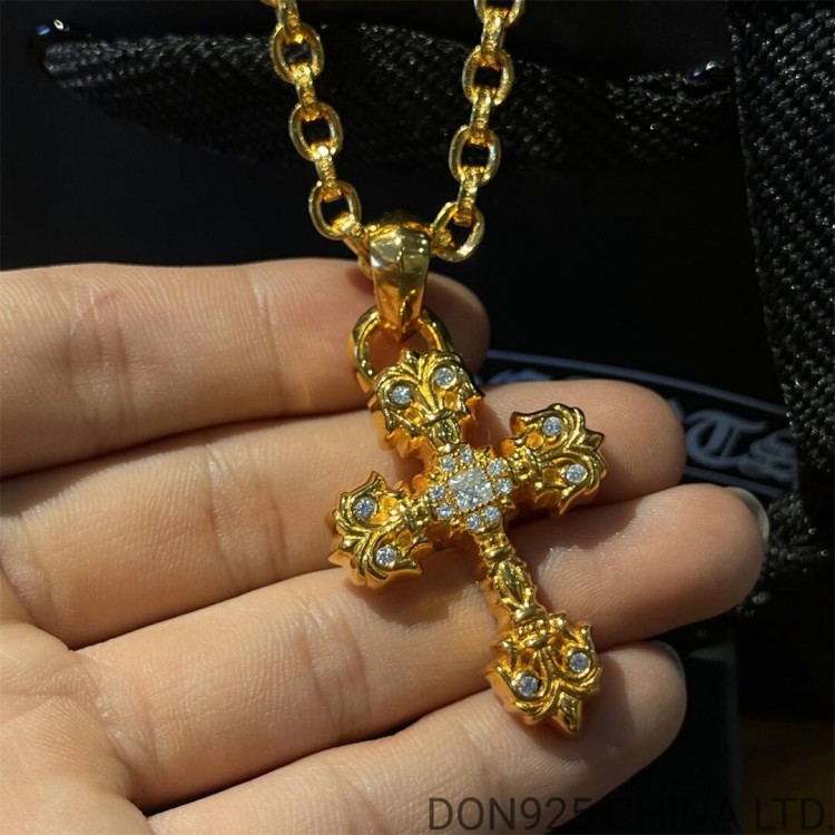 22K Gold CHROME HEARTS Filigree Cross Necklace (Small Size with Paper Chain and Diamonds 65CM)