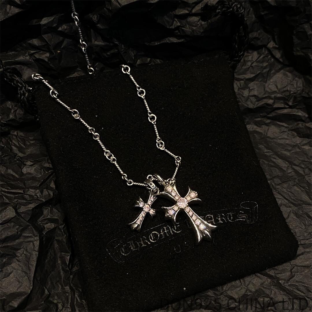 CHROME HEARTS Small Cross & Babyfat Necklace (with Pink Sapphires with Twist Chain)