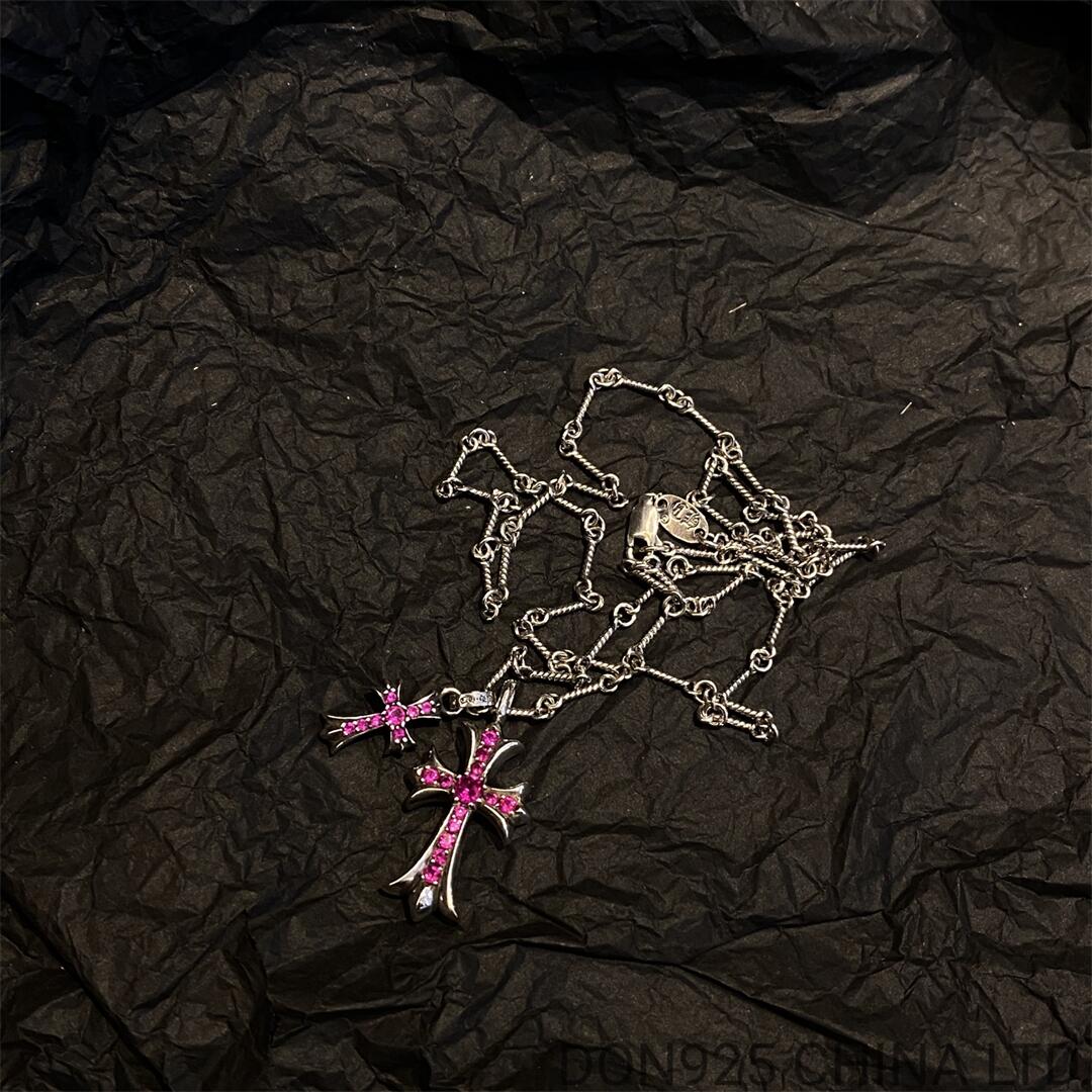 CHROME HEARTS Small Cross & Babyfat Necklace (with Rubies with Twist Chain)