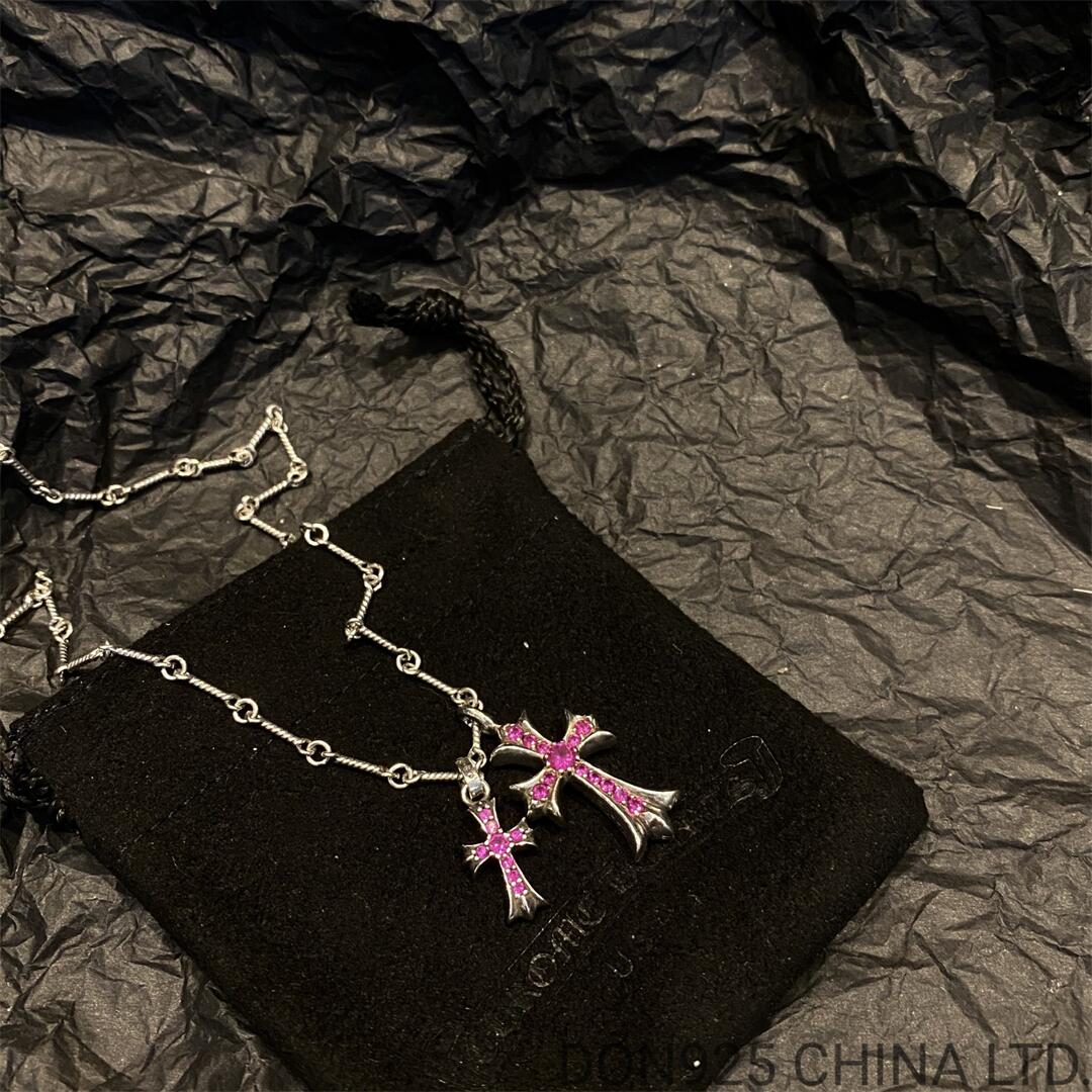 CHROME HEARTS Small Cross & Babyfat Necklace (with Rubies with Twist Chain)