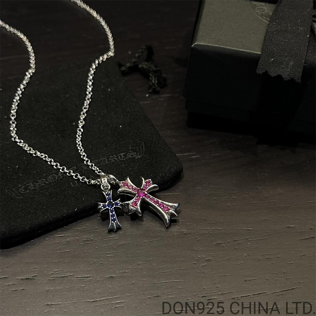 CHROME HEARTS Small Cross & Babyfat Necklace (with Rubies and Sapphires with NE Chain)