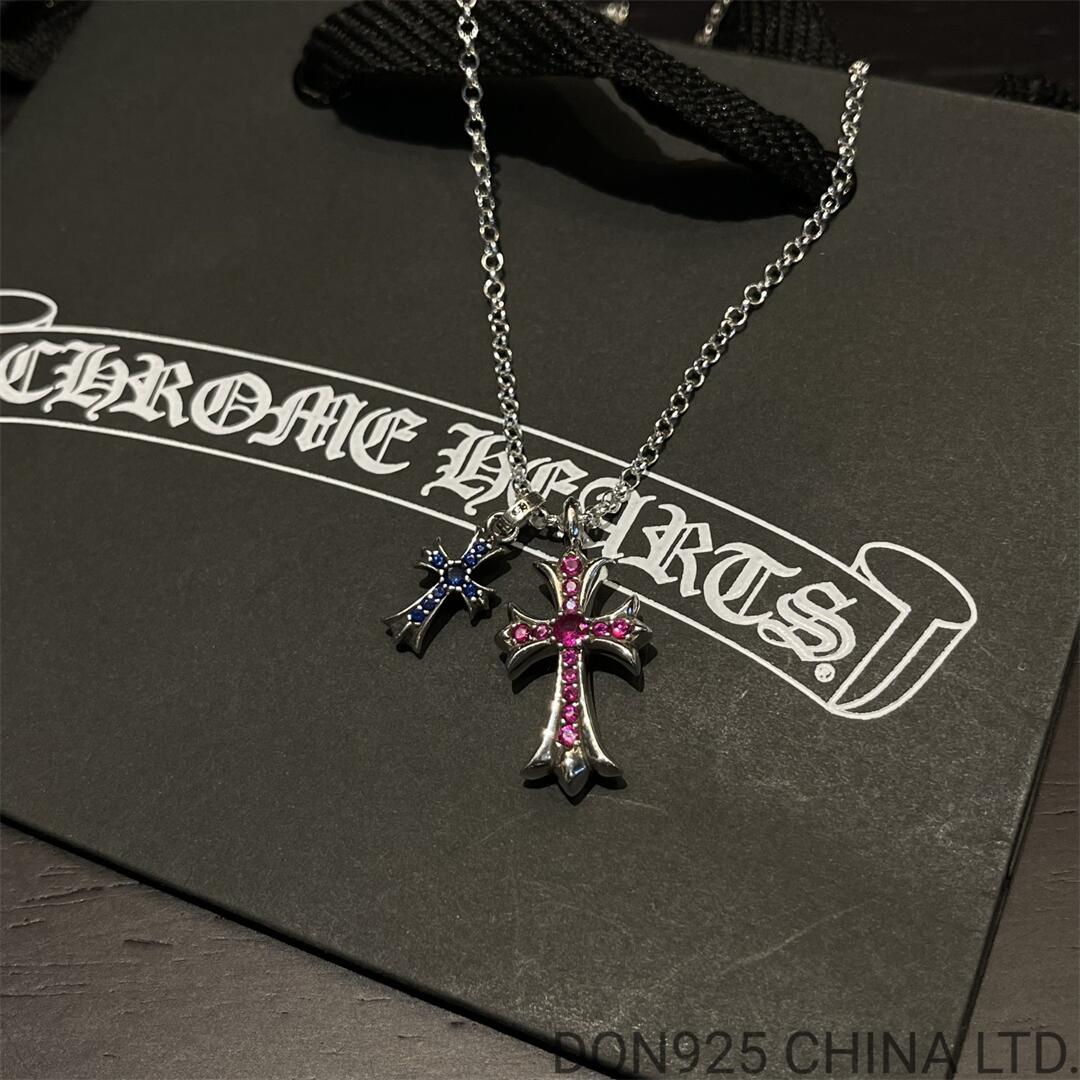 CHROME HEARTS Small Cross & Babyfat Necklace (with Rubies and Sapphires with NE Chain)