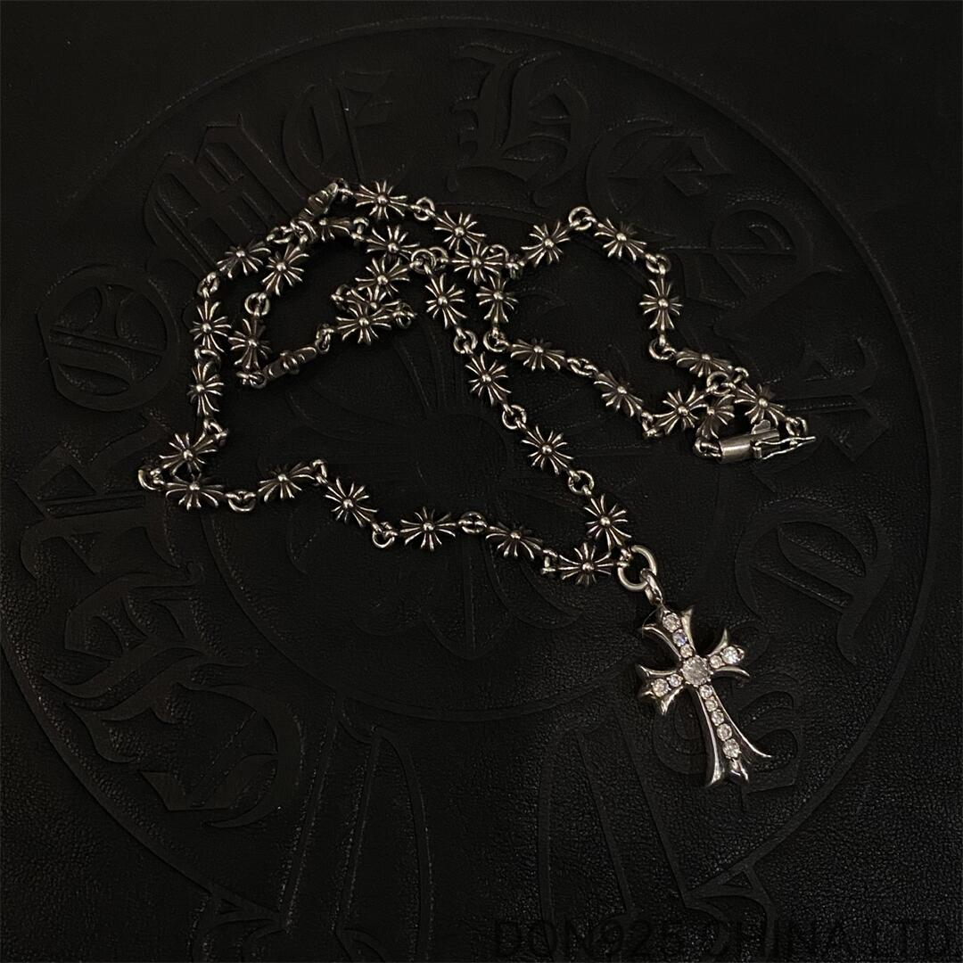 CHROME HEARTS Small Cross Necklace with (Diamonds and 55CM Tiny E Chain)