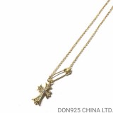 22K Gold CHROME HEARTS Small Cross & Safety Pin Necklace with (Diamonds and 45CM Gold NE Chain)