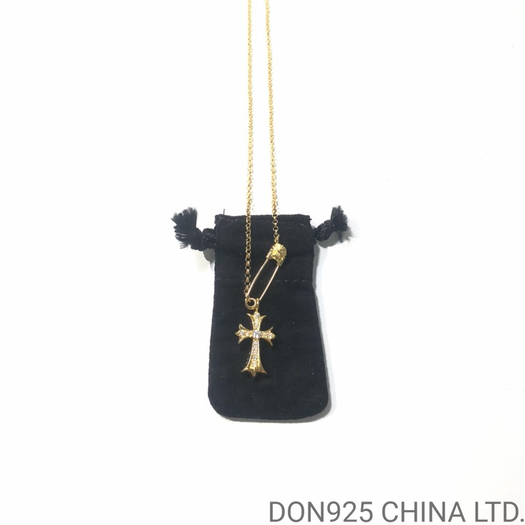 22K Gold CHROME HEARTS Small Cross & Safety Pin Necklace with (Diamonds and 45CM Gold NE Chain)