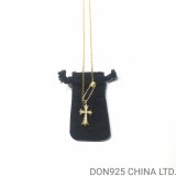 22K Gold CHROME HEARTS Small Cross & Safety Pin Necklace with (Diamonds and 45CM Gold NE Chain)