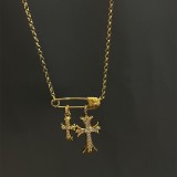 22K Gold CHROME HEARTS Small Cross & Babyfat & Safety Pin Necklace (45CM Gold NE Chain)