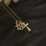 22K Gold CHROME HEARTS Small Cross & Babyfat & Cutout Cross Pin Necklace (55CM Gold NE Chain)