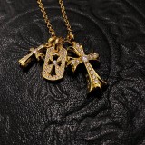 22K Gold CHROME HEARTS Small Cross & Babyfat & Cutout Cross Pin Necklace (55CM Gold NE Chain)