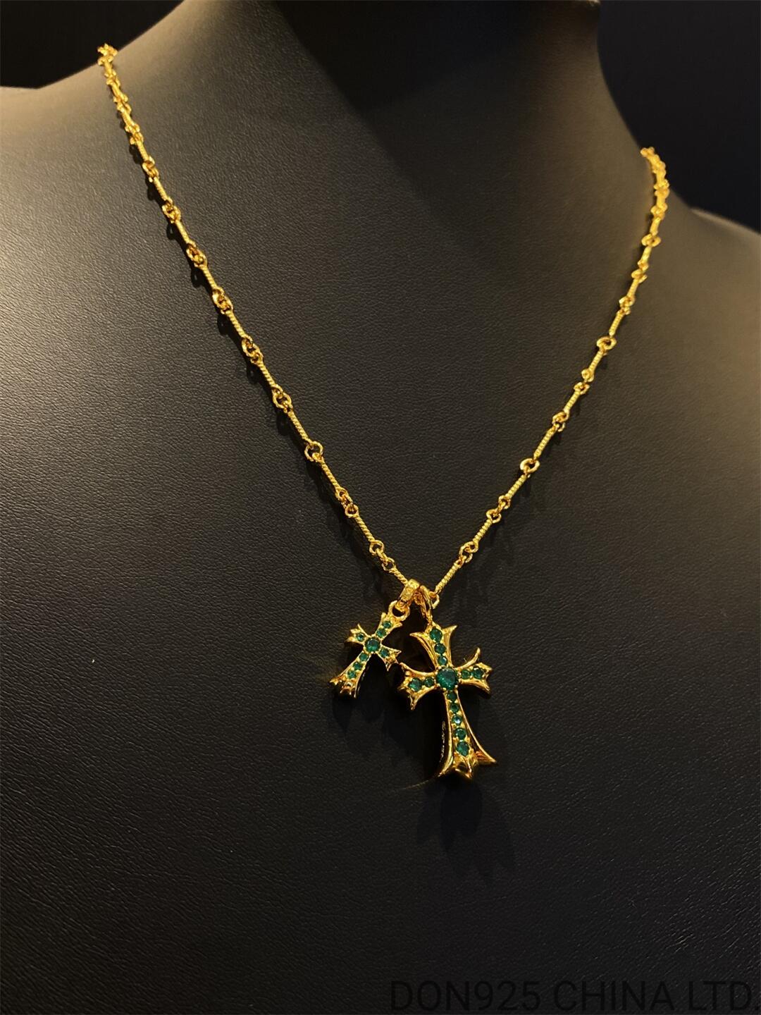 22K Gold CHROME HEARTS Small Cross & Babyfat Necklace (with Emeralds and 55CM Gold Twist Chain)