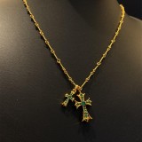 22K Gold CHROME HEARTS Small Cross & Babyfat Necklace (with Emeralds and 55CM Gold Twist Chain)