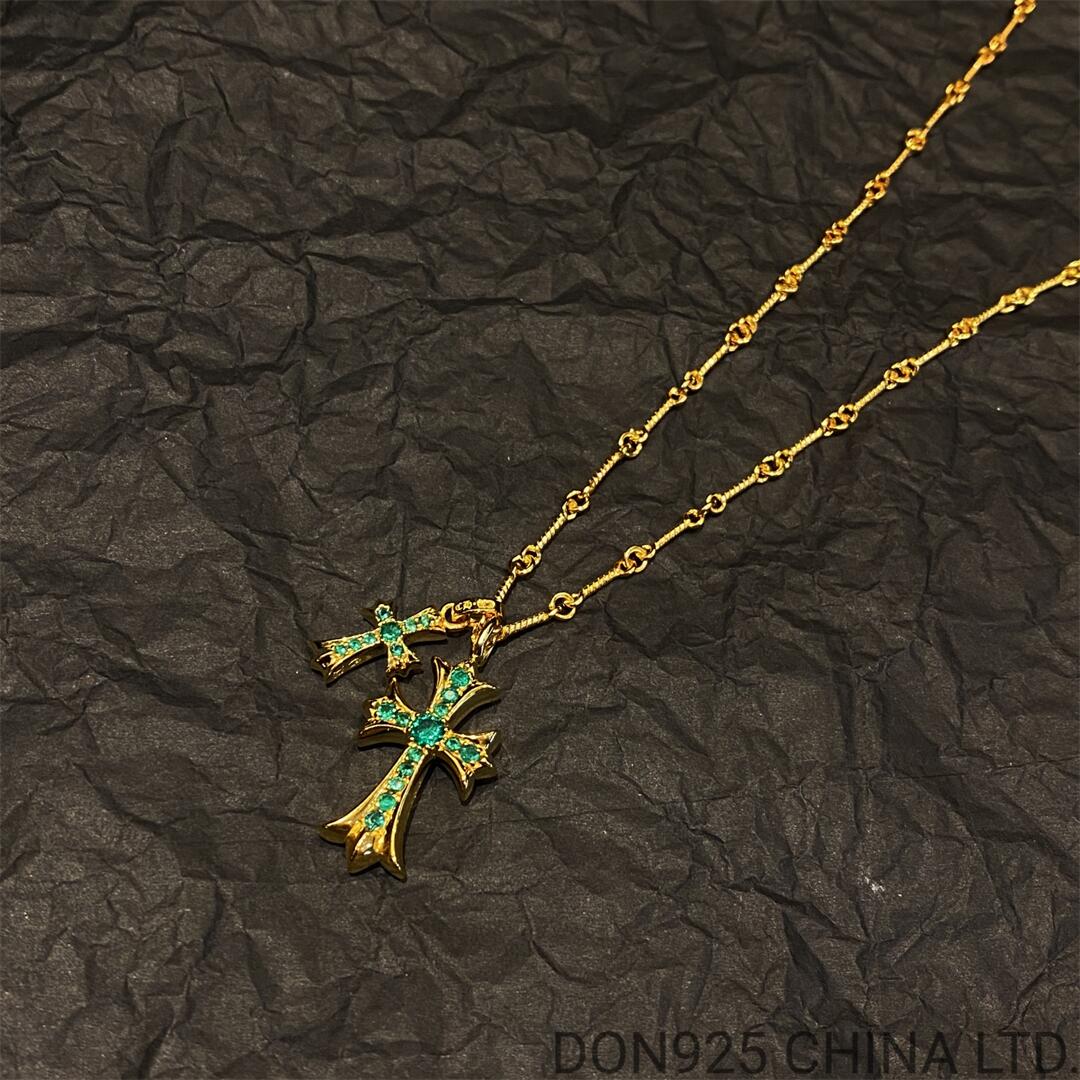 22K Gold CHROME HEARTS Small Cross & Babyfat Necklace (with Emeralds and 55CM Gold Twist Chain)