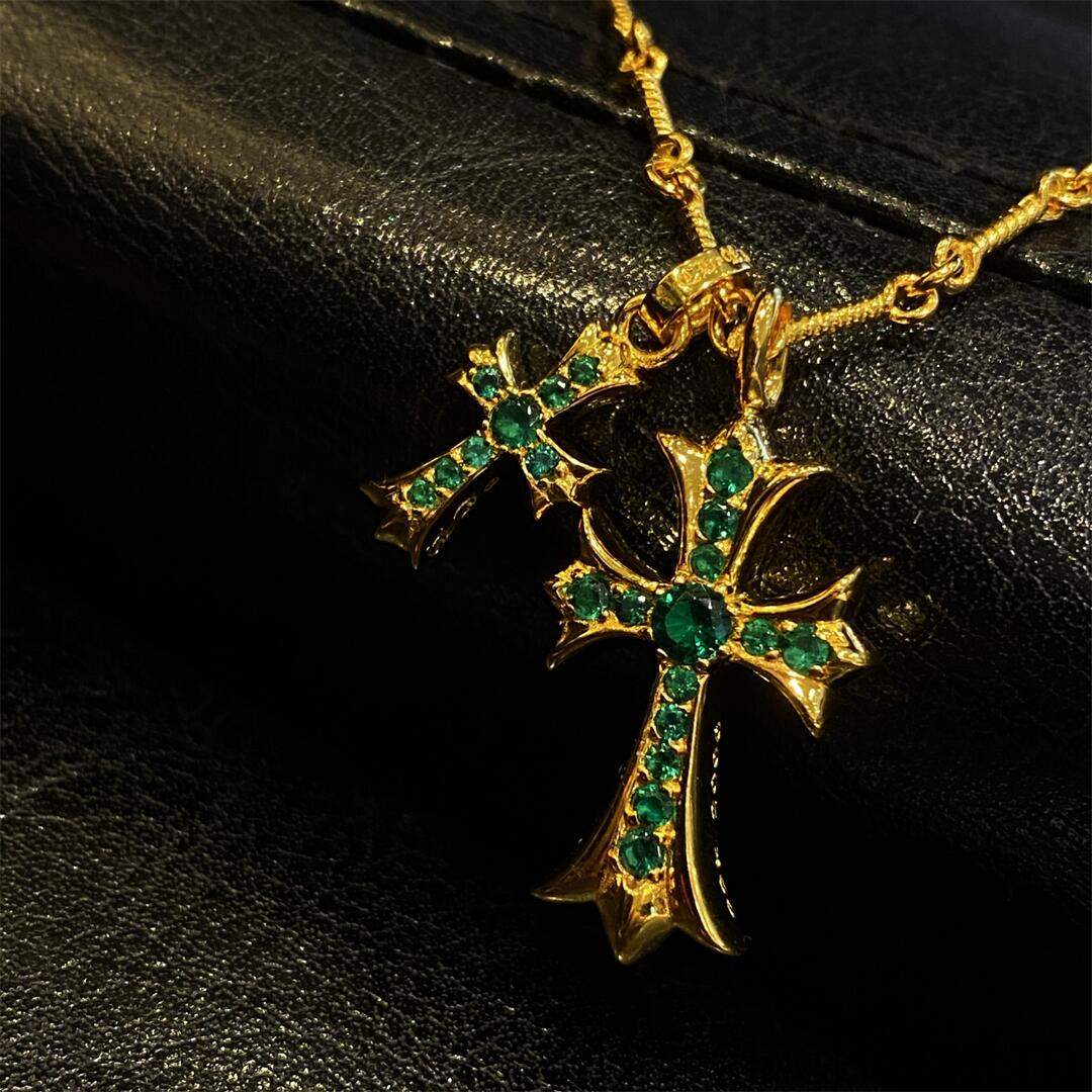 22K Gold CHROME HEARTS Small Cross & Babyfat Necklace (with Emeralds and 55CM Gold Twist Chain)