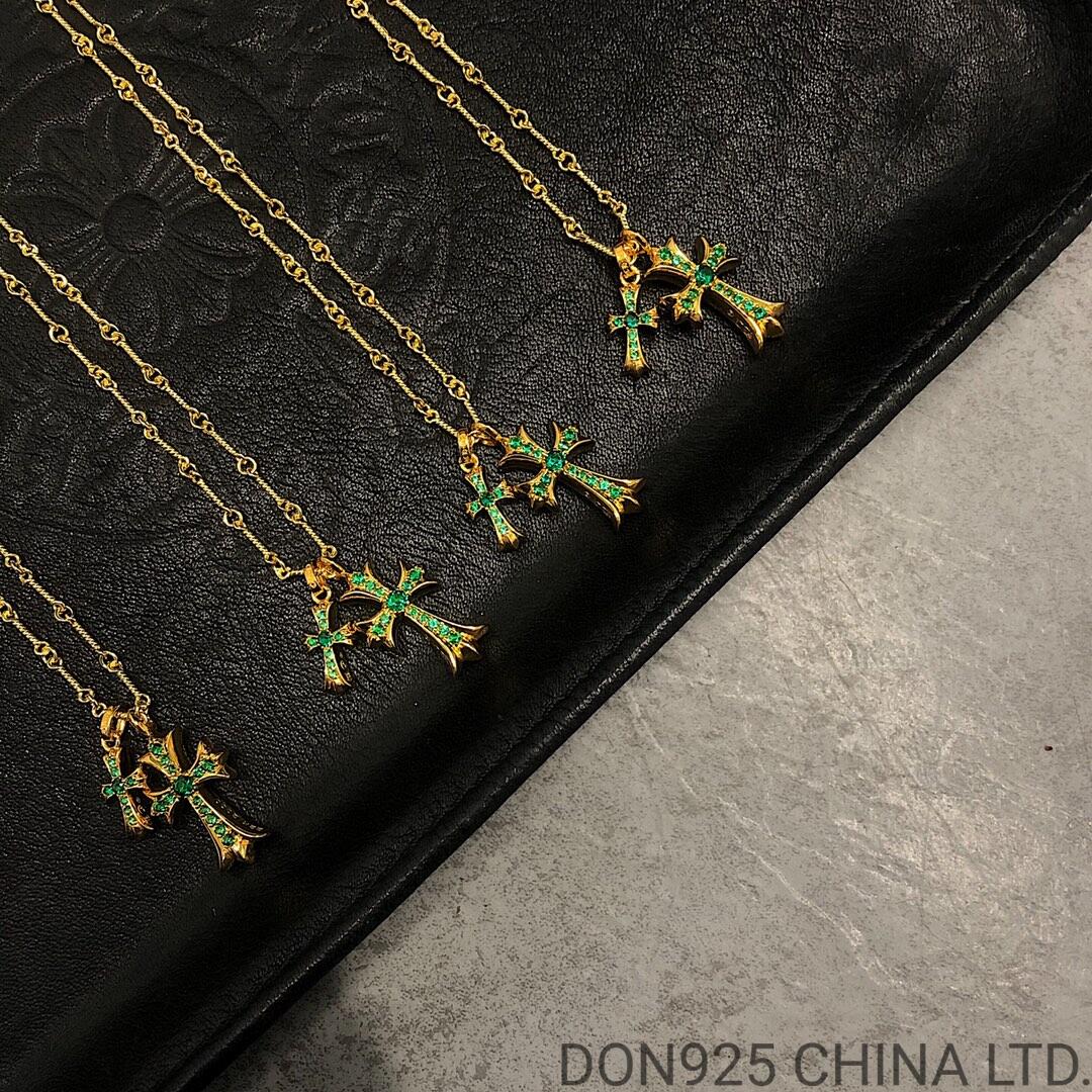 22K Gold CHROME HEARTS Small Cross & Babyfat Necklace (with Emeralds and 55CM Gold Twist Chain)