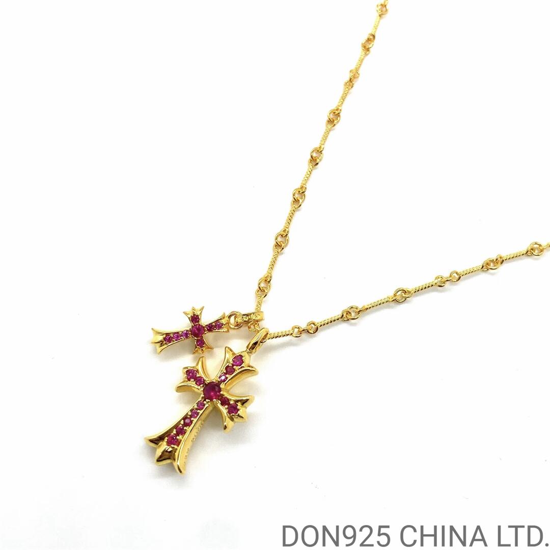 22K Gold CHROME HEARTS Small Cross & Babyfat Necklace (with Rubies and 55CM Gold Twist Chain)