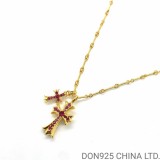 22K Gold CHROME HEARTS Small Cross & Babyfat Necklace (with Rubies and 55CM Gold Twist Chain)